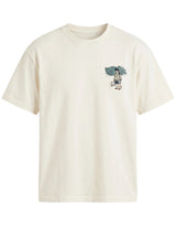 Cream white men’s cotton crew neck T-shirt with small chest graphic
