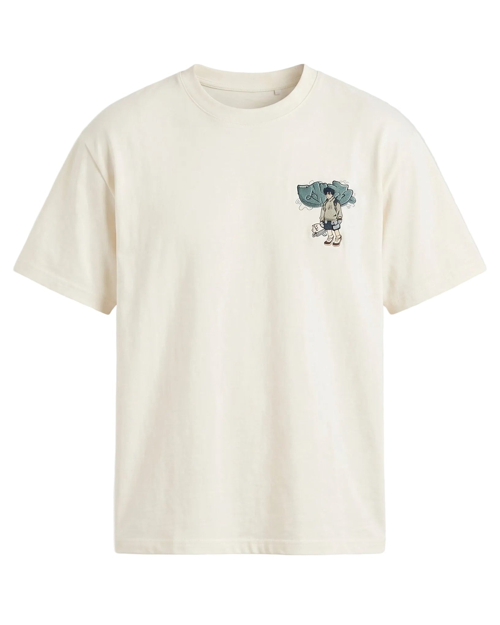 Cream white men’s cotton crew neck T-shirt with small chest graphic
