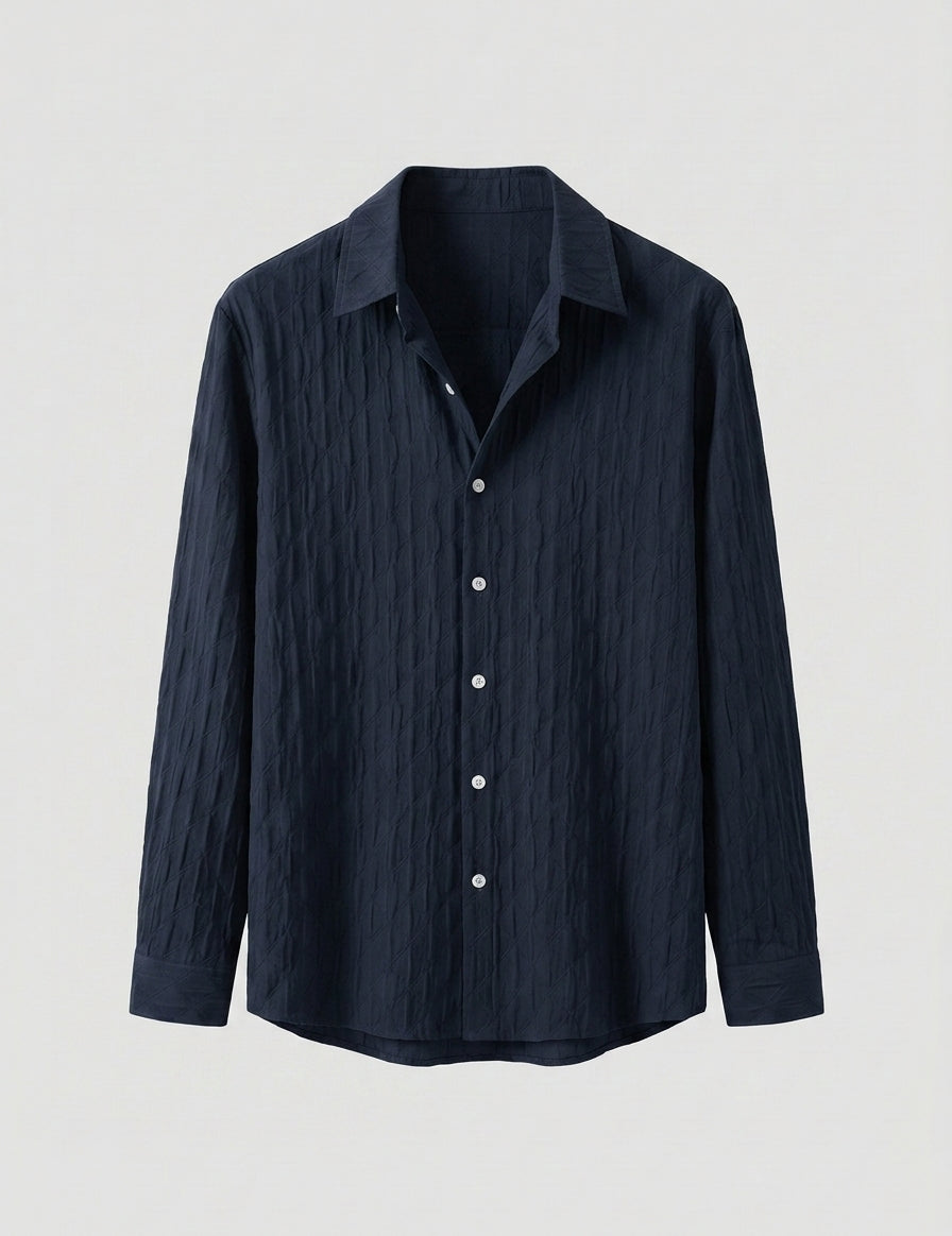 Dark blue button-up shirt on a light gray background