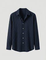 Dark blue button-up shirt on a light gray background