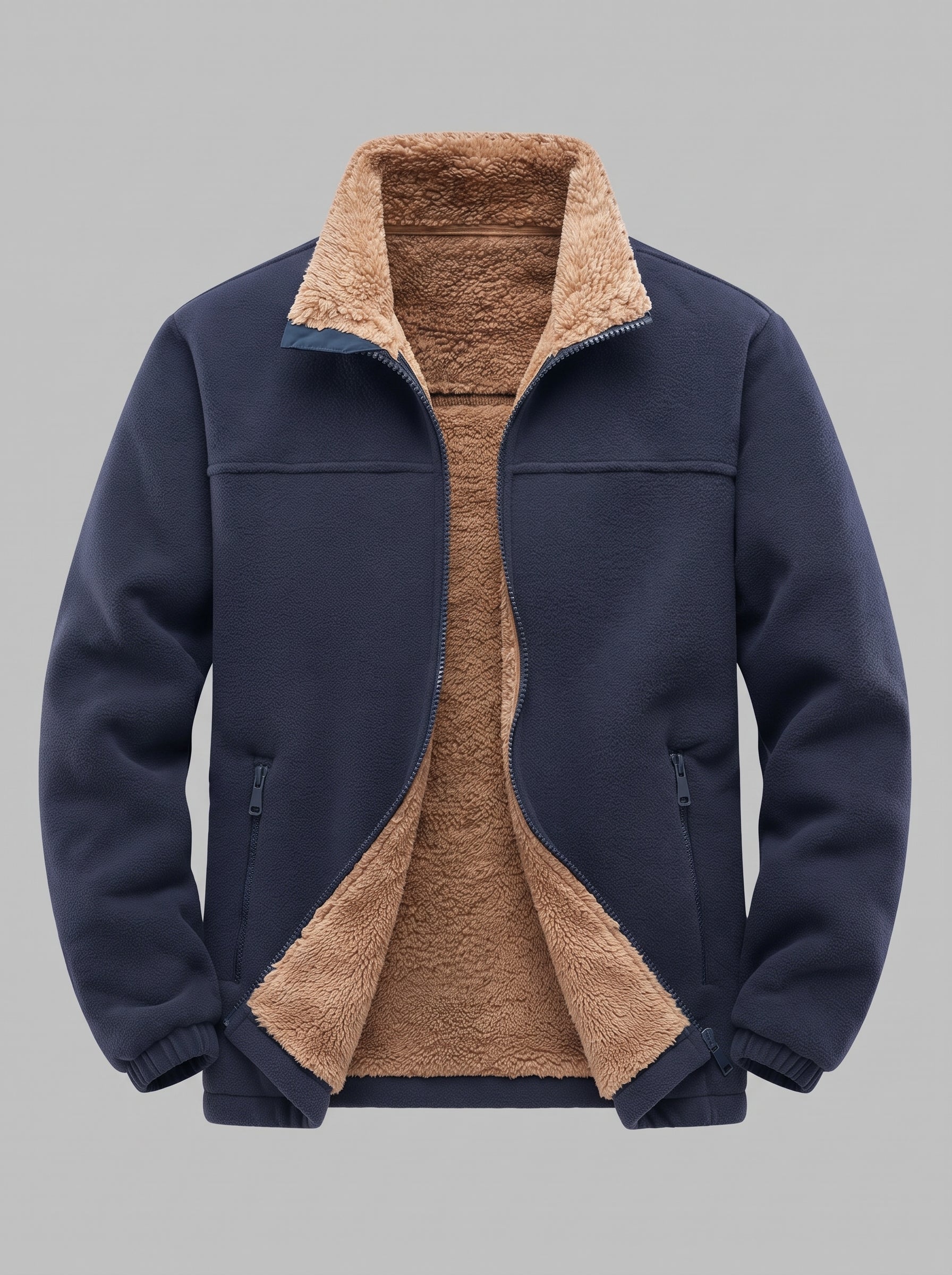 A navy blue fleece jacket with a tan sherpa lining, shown open against a solid gray background.