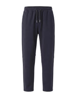 Dark blue men’s lightweight drawstring pants with elastic waistband and side pockets