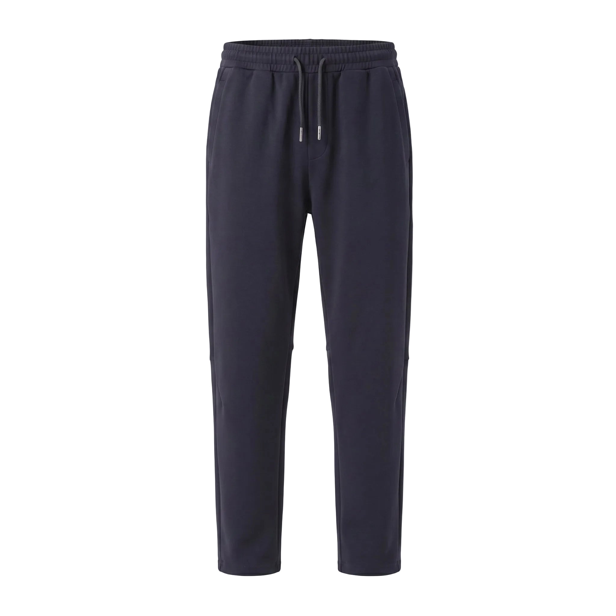 Dark blue men’s lightweight drawstring pants with elastic waistband and side pockets