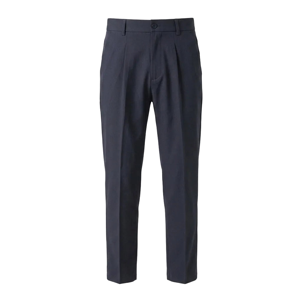 Dark blue men’s pleated tailored pants with belt loops and straight-leg silhouette