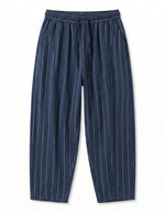Dark blue pinstripe relaxed-fit pants with straight legs on a white background.