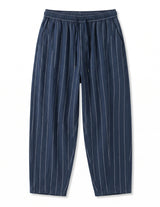 Dark blue pinstripe relaxed-fit pants with straight legs on a white background.