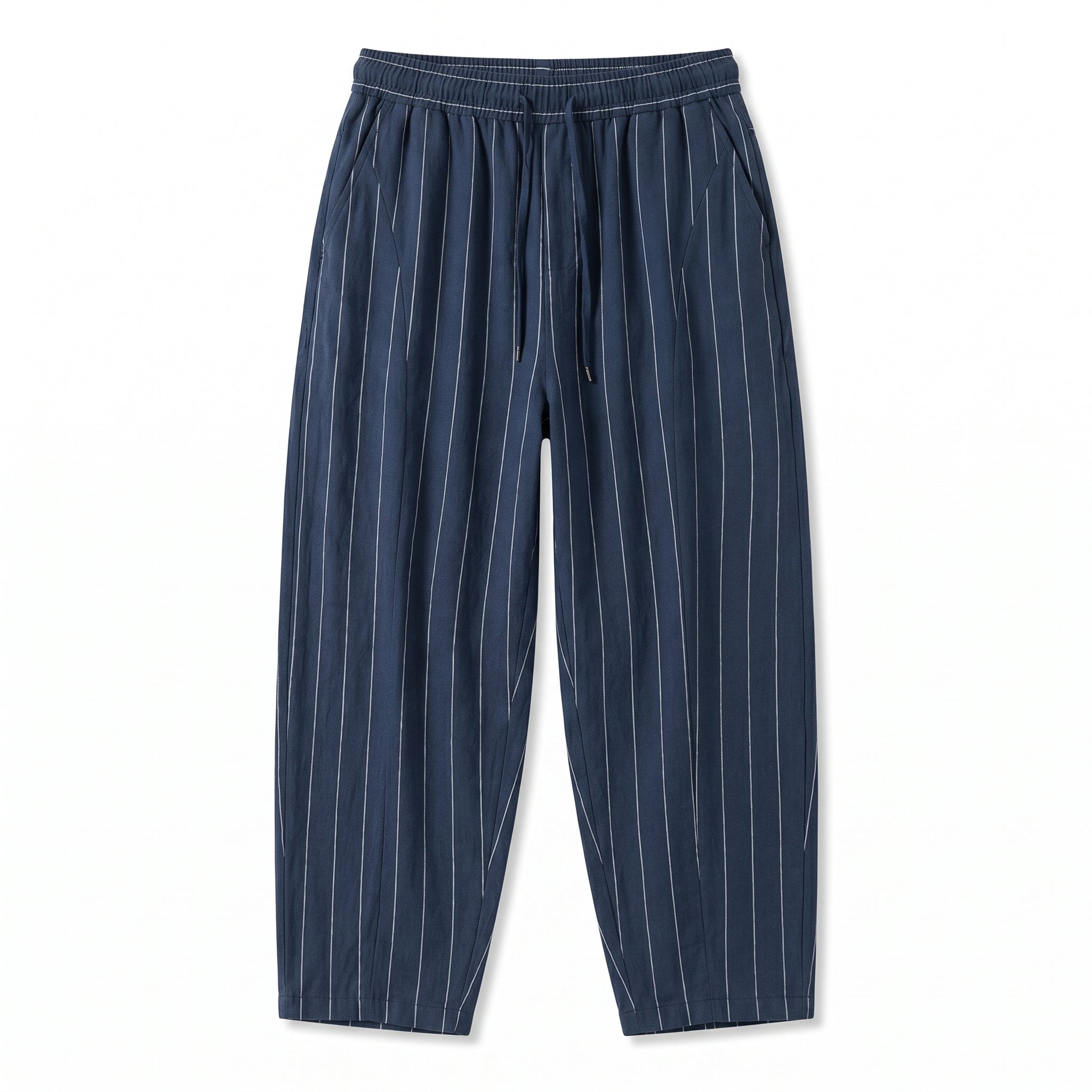 Dark blue pinstripe relaxed-fit pants with straight legs on a white background.