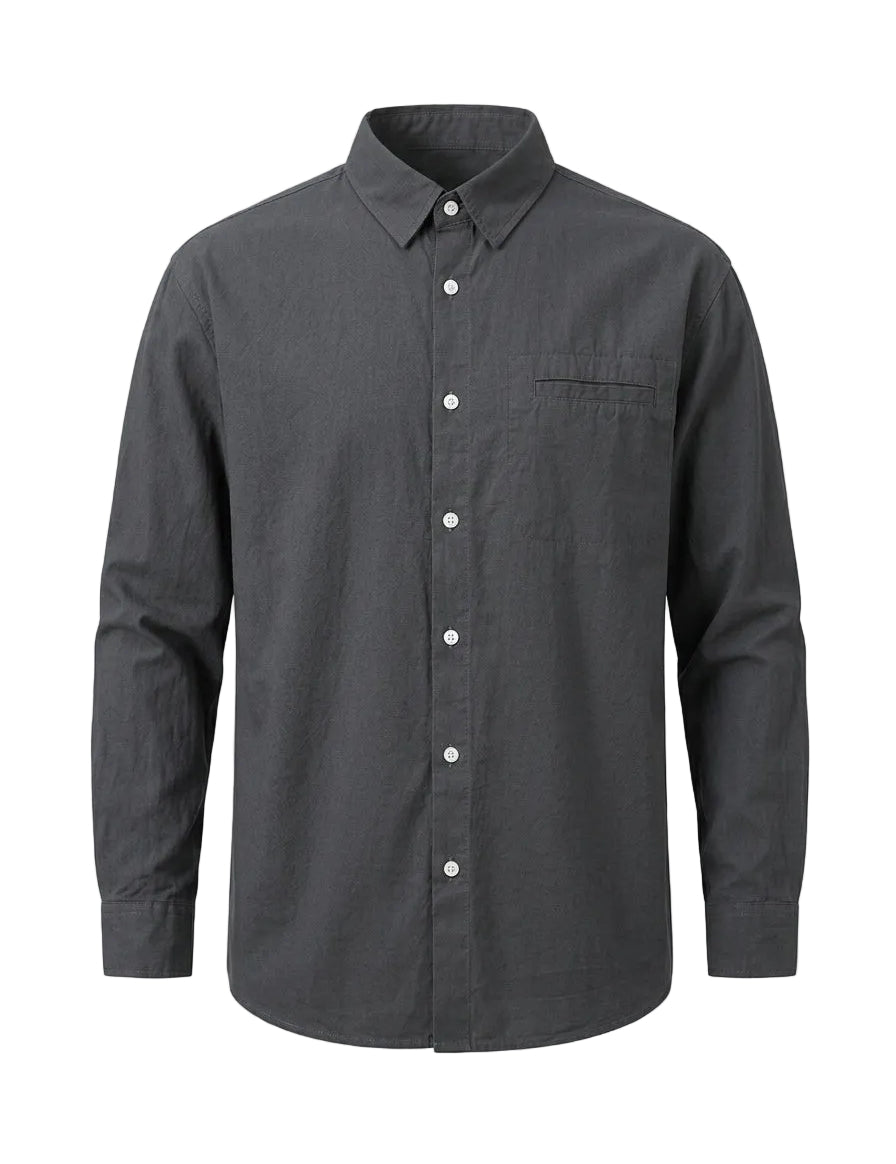Dark gray button-up shirt on a light gray background