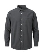 Dark gray button-up shirt on a light gray background