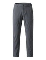 Dark gray casual pants with tapered straight legs on a white background.