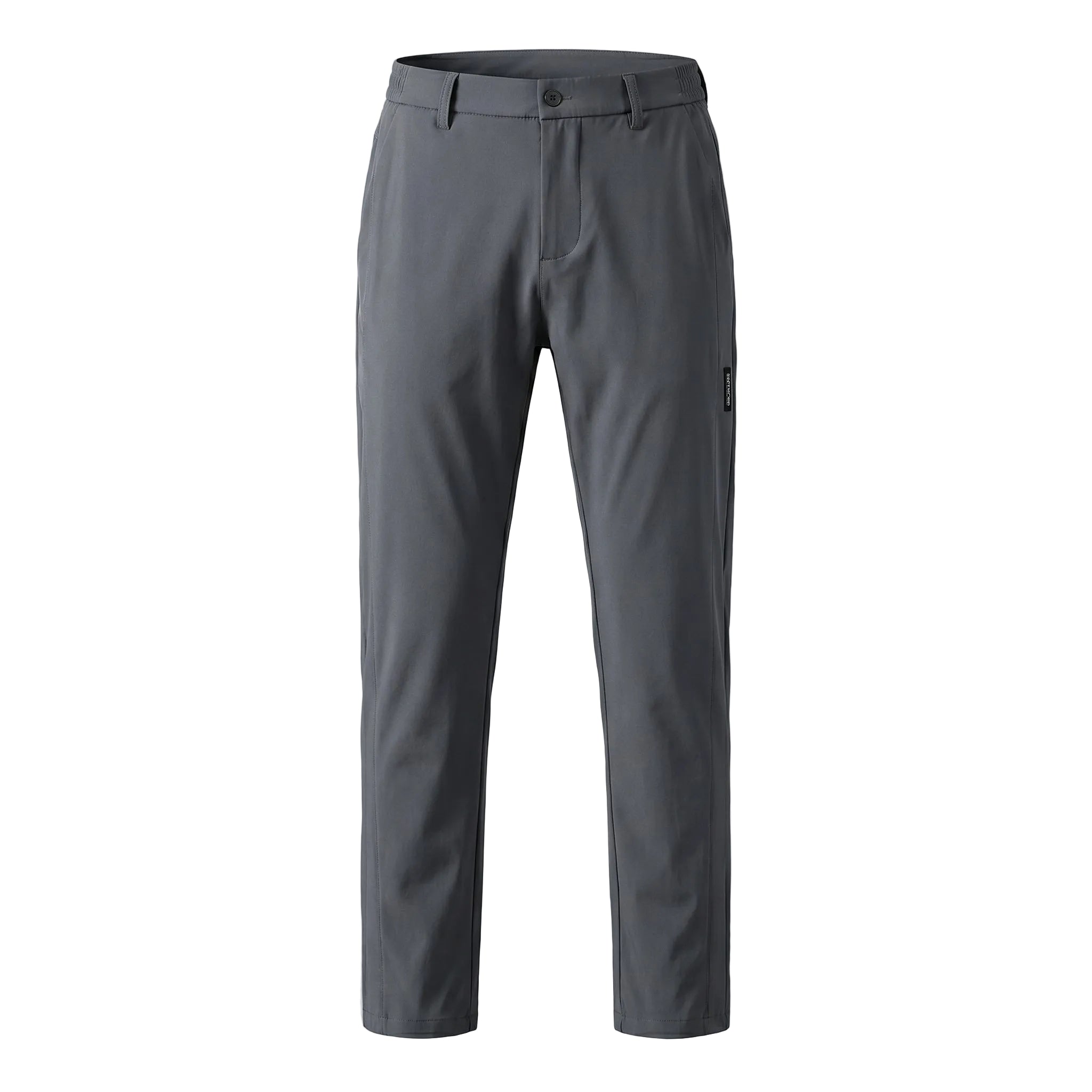 Dark gray casual pants with tapered straight legs on a white background.