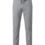 Dark gray jogger pants with elastic waistband and tapered legs on a white background.