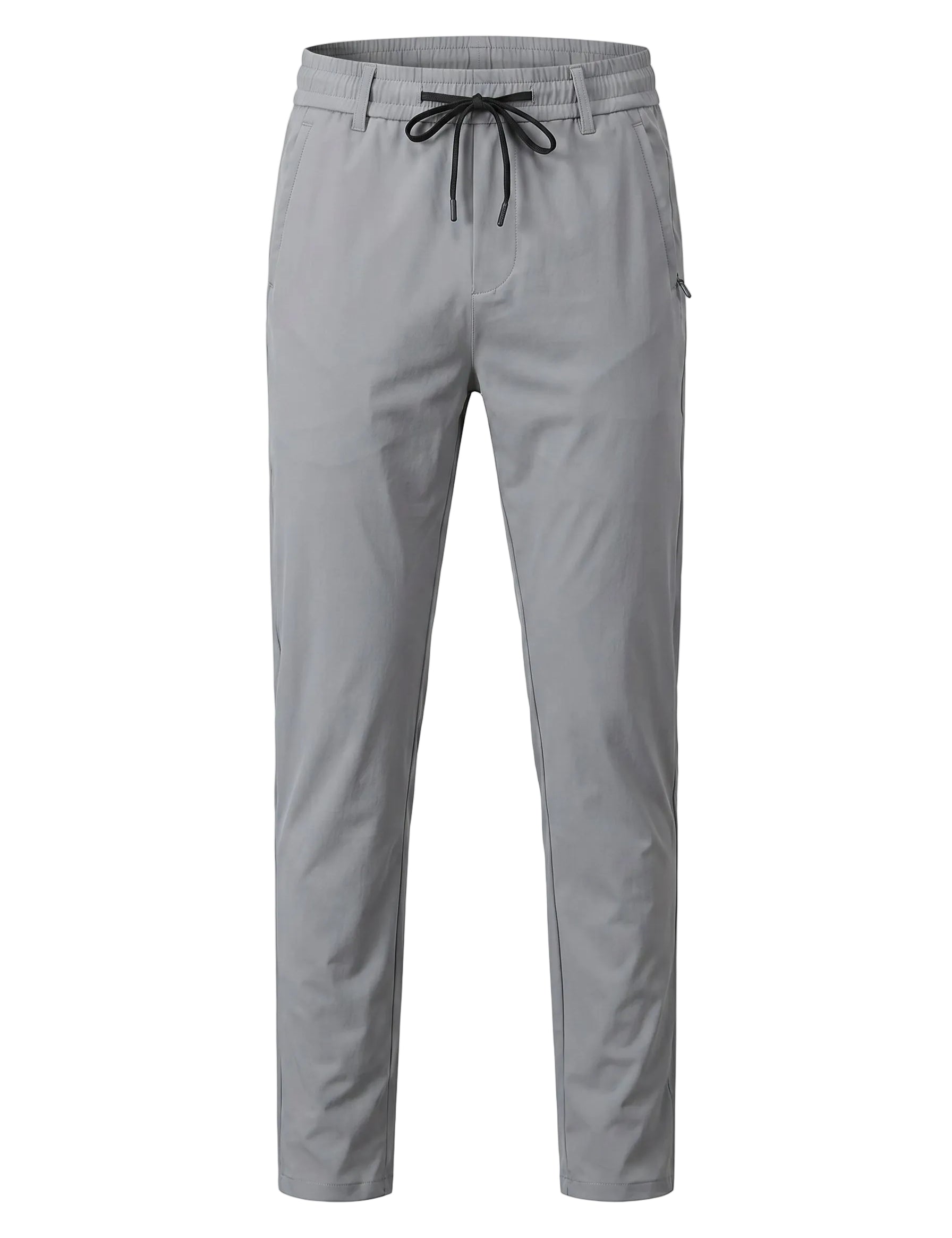 Dark gray jogger pants with elastic waistband and tapered legs on a white background.