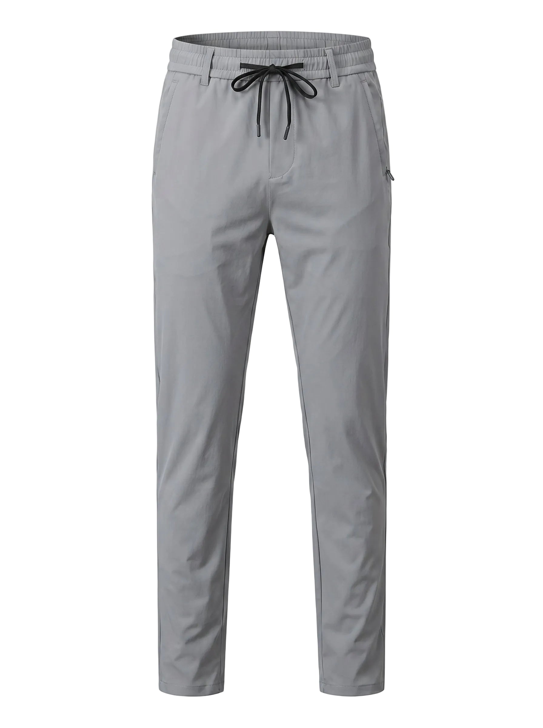 Dark gray jogger pants with elastic waistband and tapered legs on a white background.