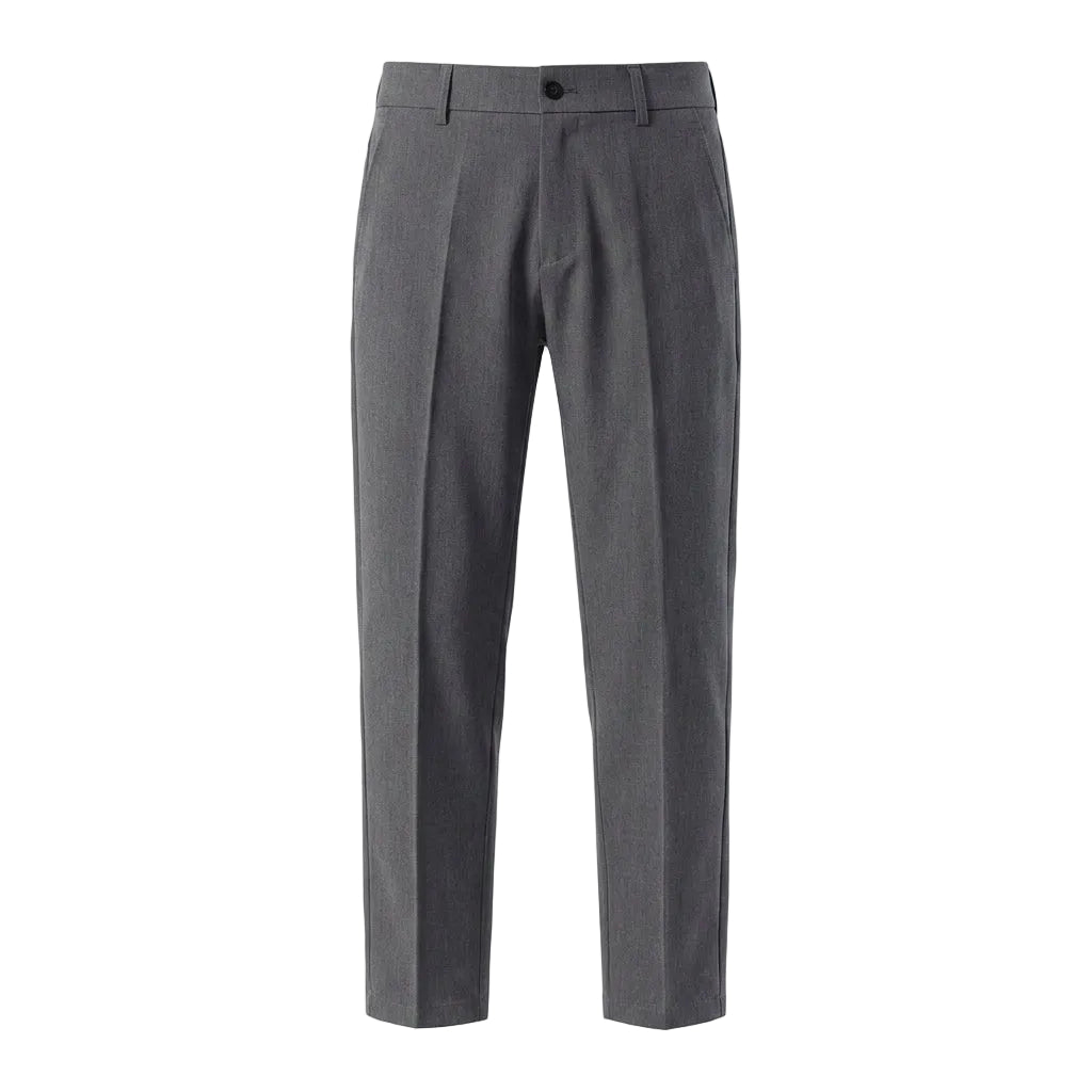 Dark gray men’s pleated dress pants with button closure and structured waistband