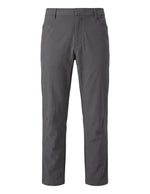 Dark gray men’s stretch pocketed pants with button-front waist and belt loops
