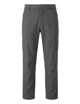 Dark gray men’s stretch pocketed pants with button-front waist and belt loops