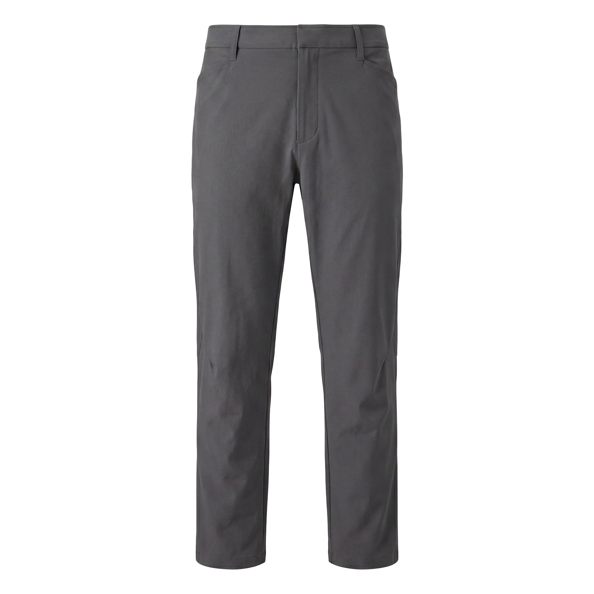 Dark gray men’s stretch pocketed pants with button-front waist and belt loops