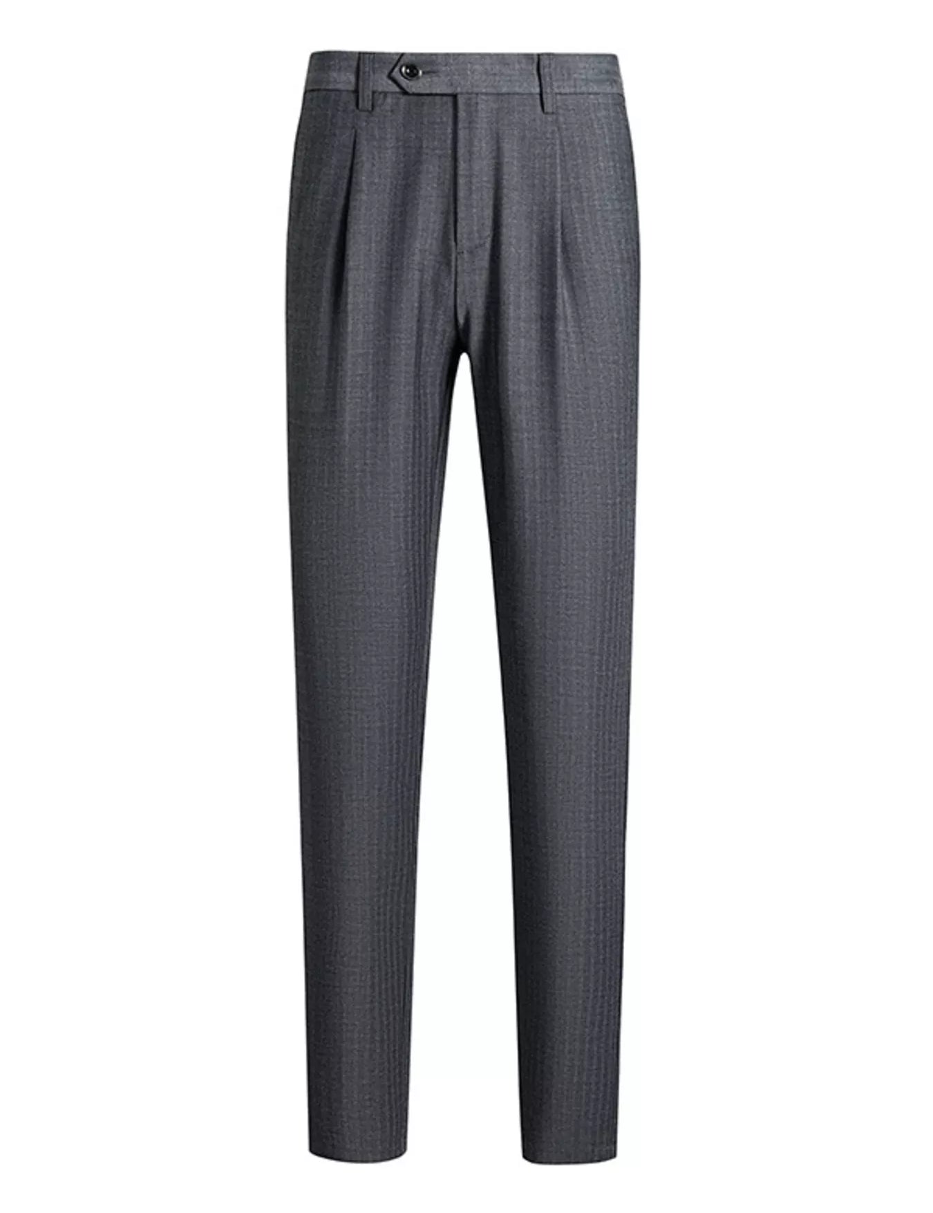 Dark gray pleated tailored pants with straight legs on a white background.