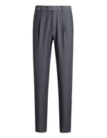 Dark gray pleated tailored pants with straight legs on a white background.