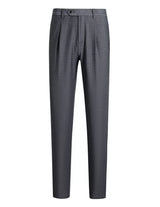Dark gray pleated tailored pants with straight legs on a white background.