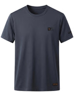 Dark gray t-shirt with brand logo on a light gray background
