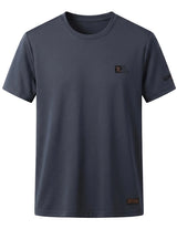 Dark gray t-shirt with brand logo on a light gray background