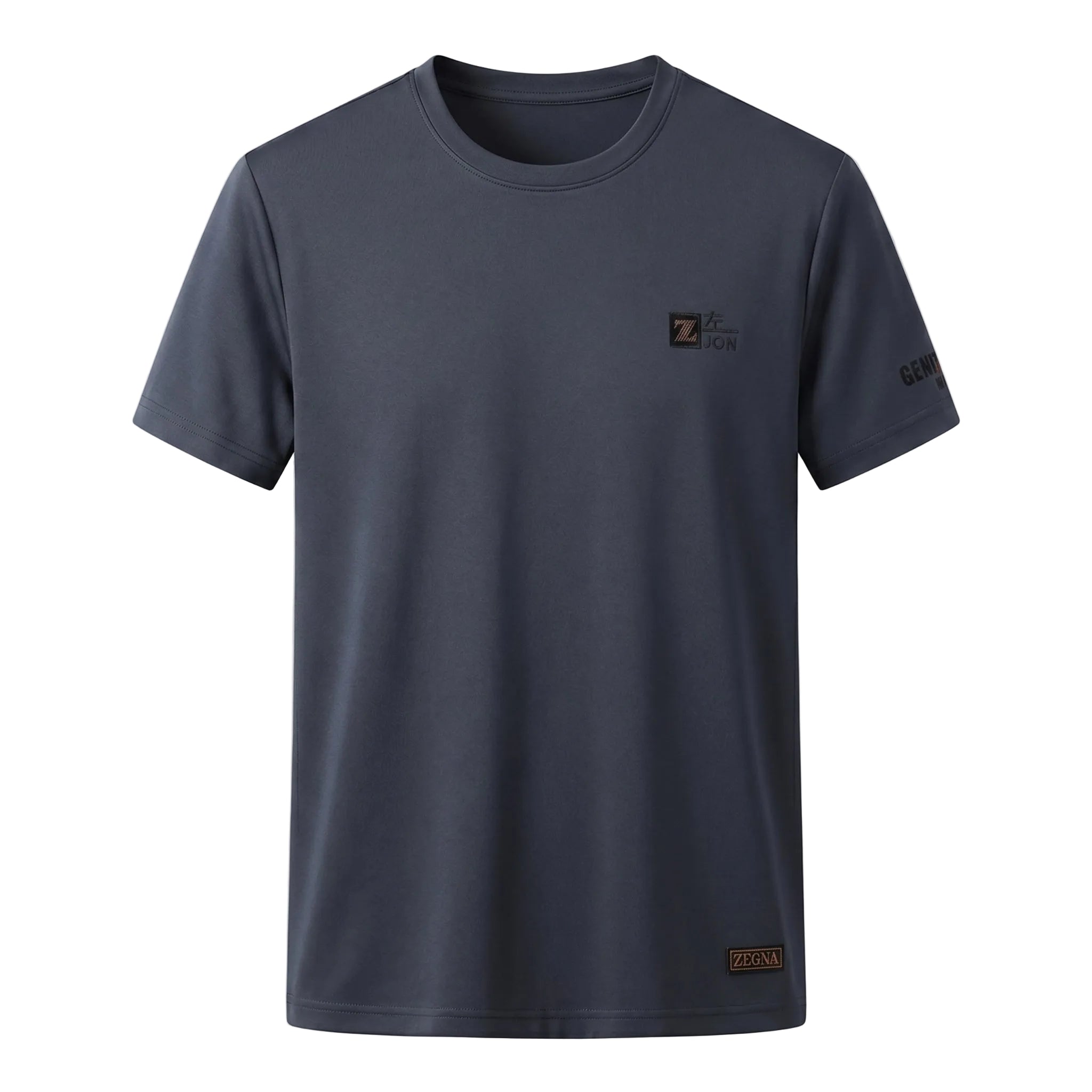 Dark gray t-shirt with brand logo on a light gray background