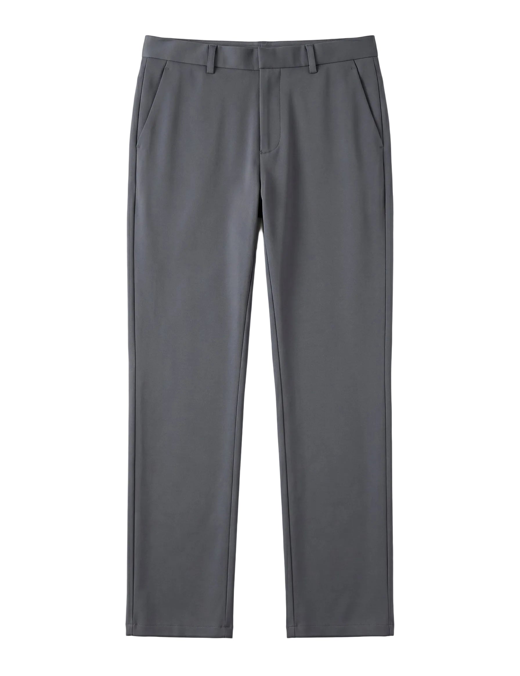 Dark gray tailored dress pants with straight legs on a white background.
