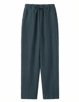 Dark green pants with a tie waist on a white background