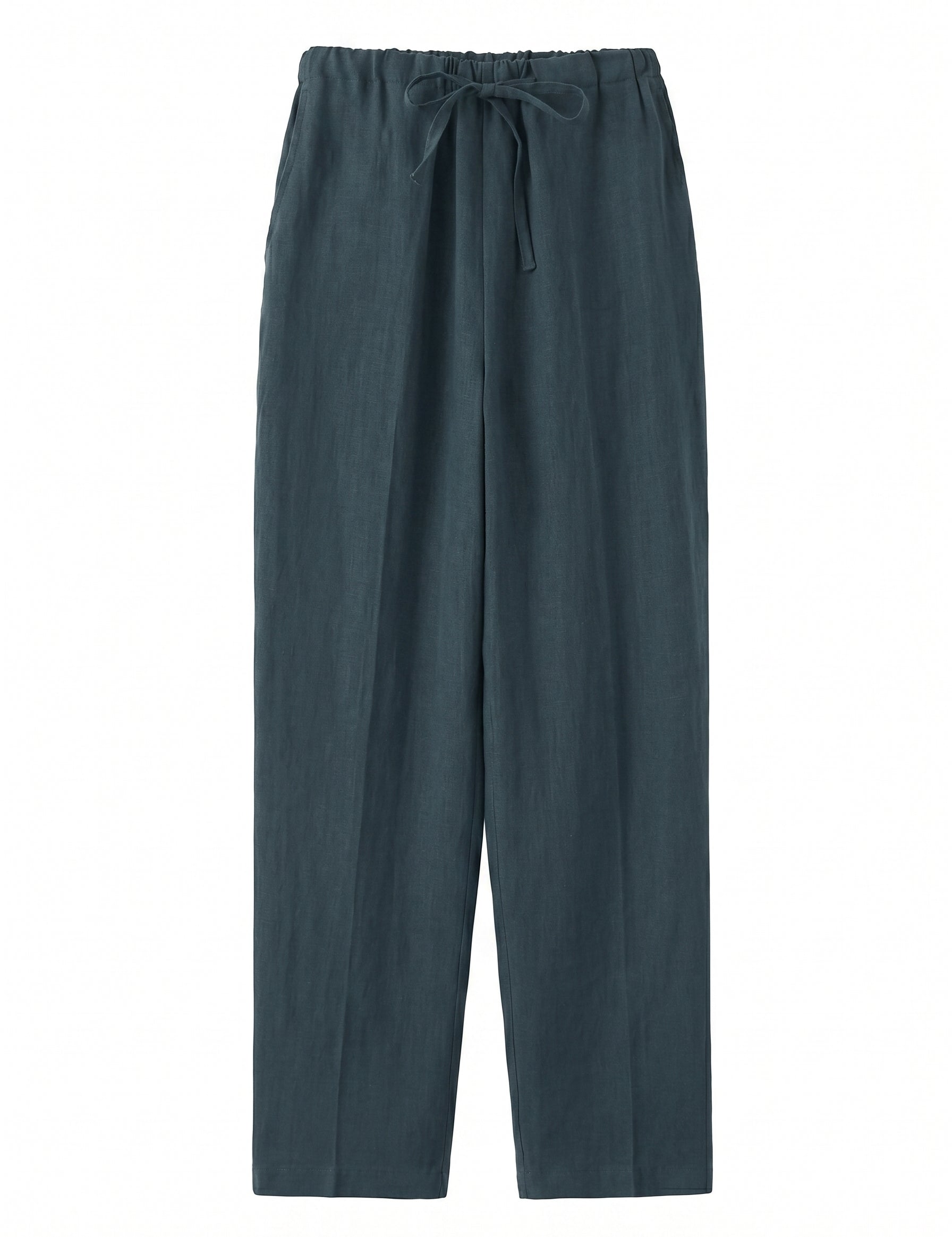 Dark green pants with a tie waist on a white background