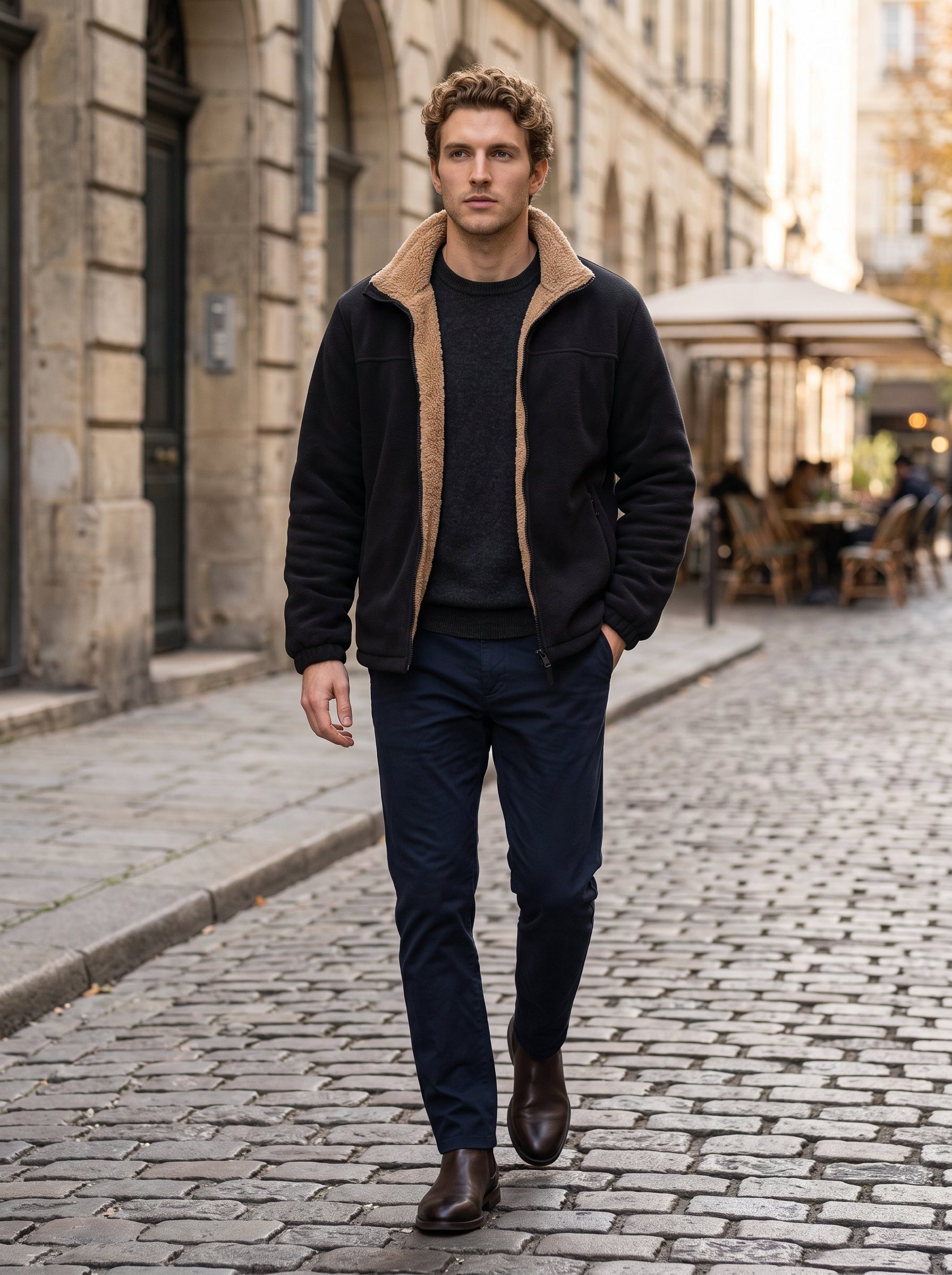 A man walking on a cobblestone street wearing a black fleece jacket with a tan shearling-style collar, a dark sweater, navy pants, and brown leather shoes.