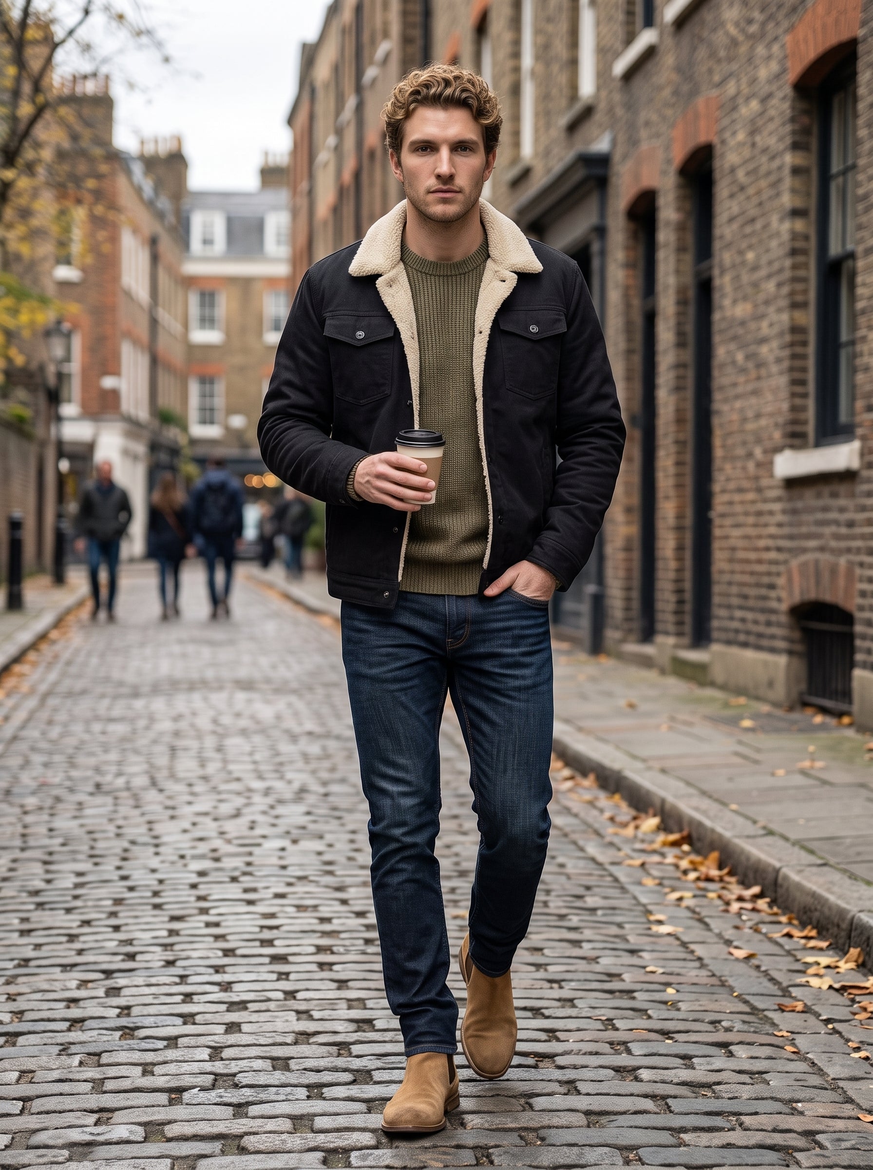 A man walking down a cobblestone street wearing a black shearling-lined jacket over an olive green sweater, dark blue jeans, and tan boots, holding a takeaway coffee cup.