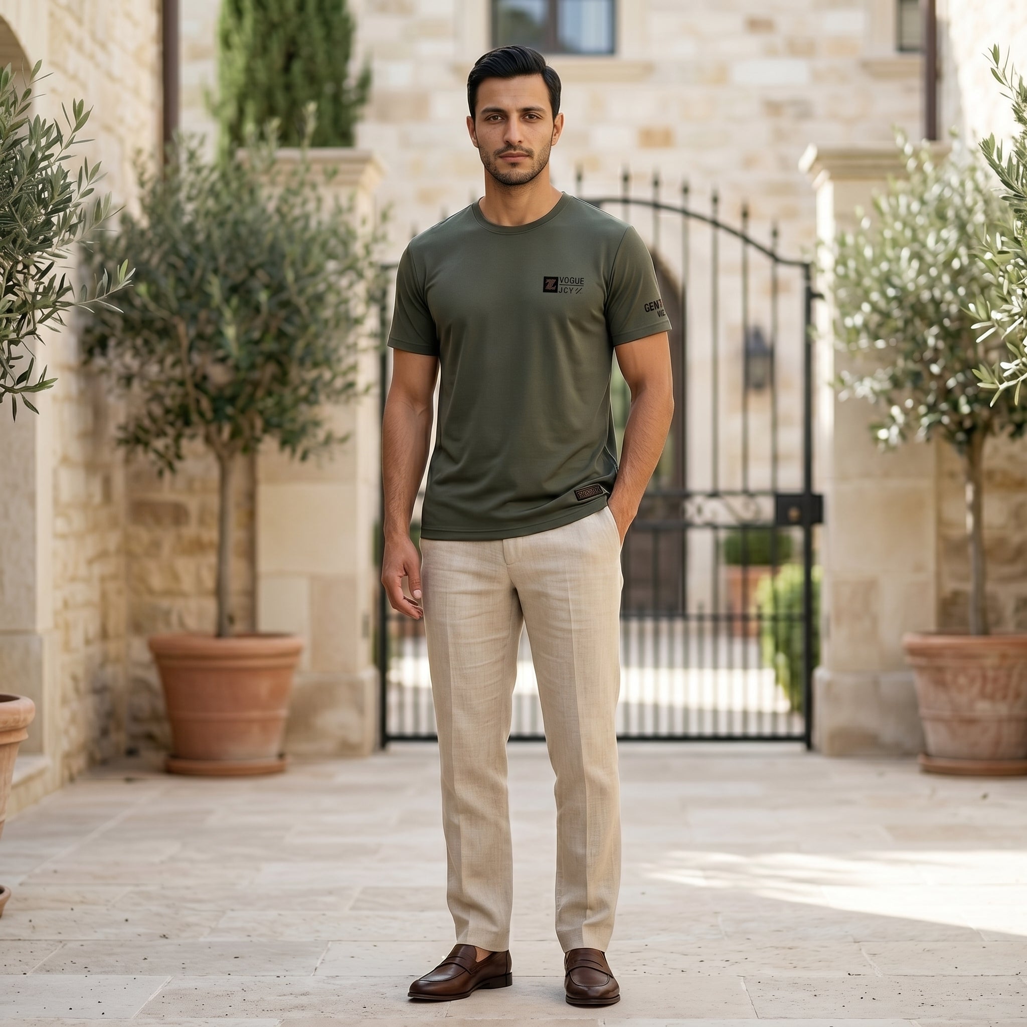 Man wearing a green t-shirt and beige pants standing in front of a stone building with potted plants.