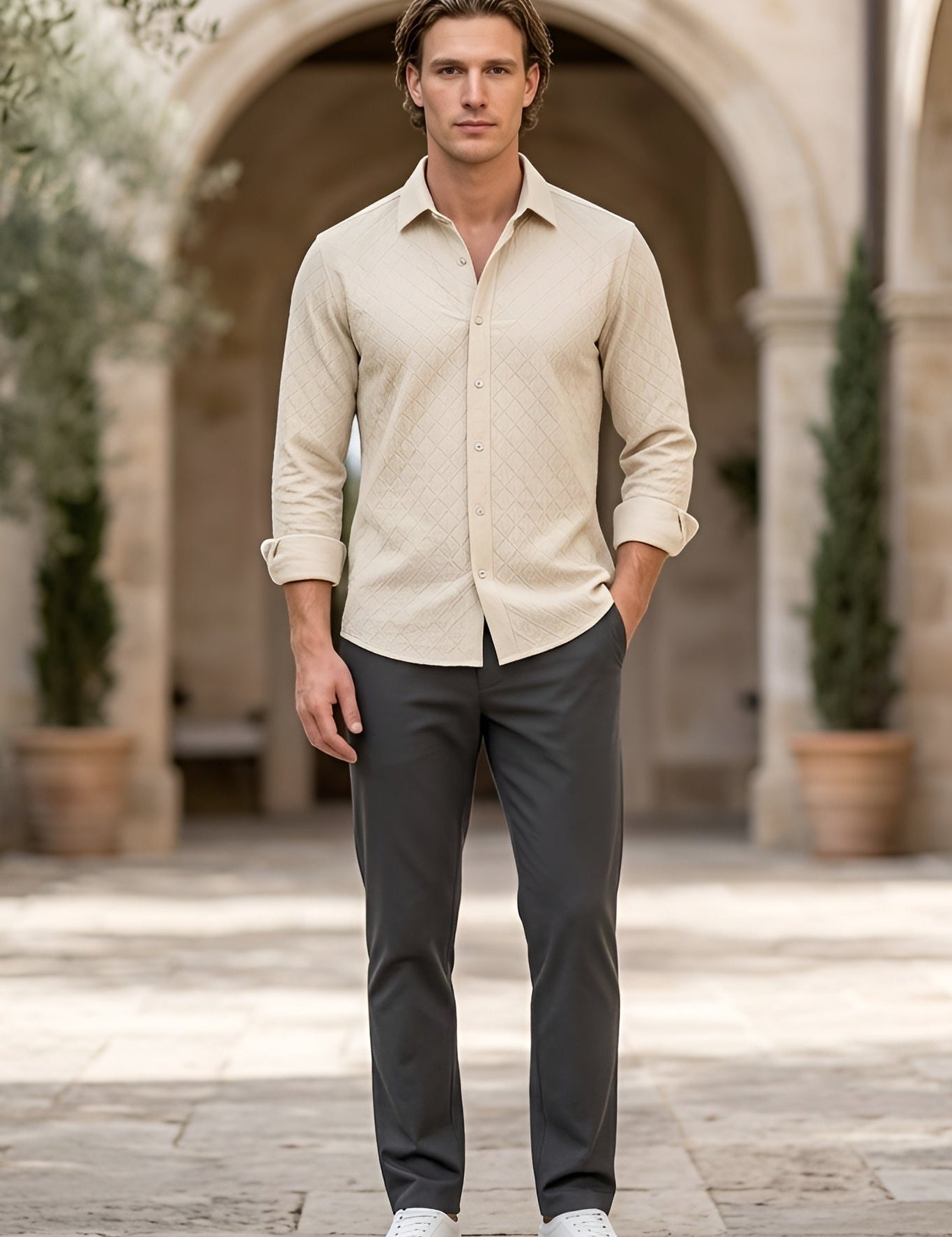 Full outfit - Soft cream men’s embossed collared long sleeve shirt
