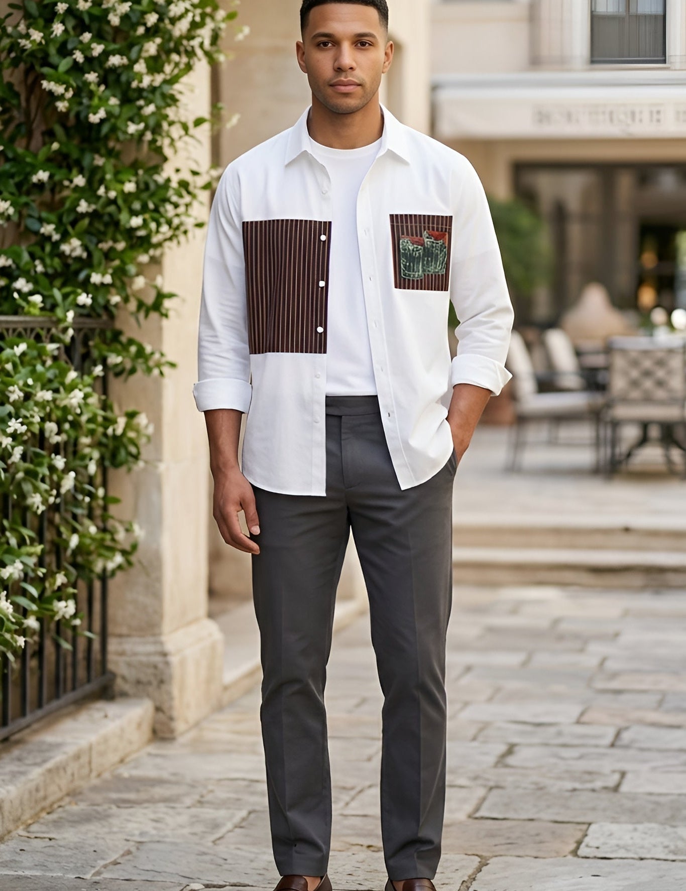 Full outfit - White men’s patchwork button-up shirt with brown striped panels
