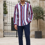 Full outfit - Burgundy white and blue striped men’s button-up shirt
