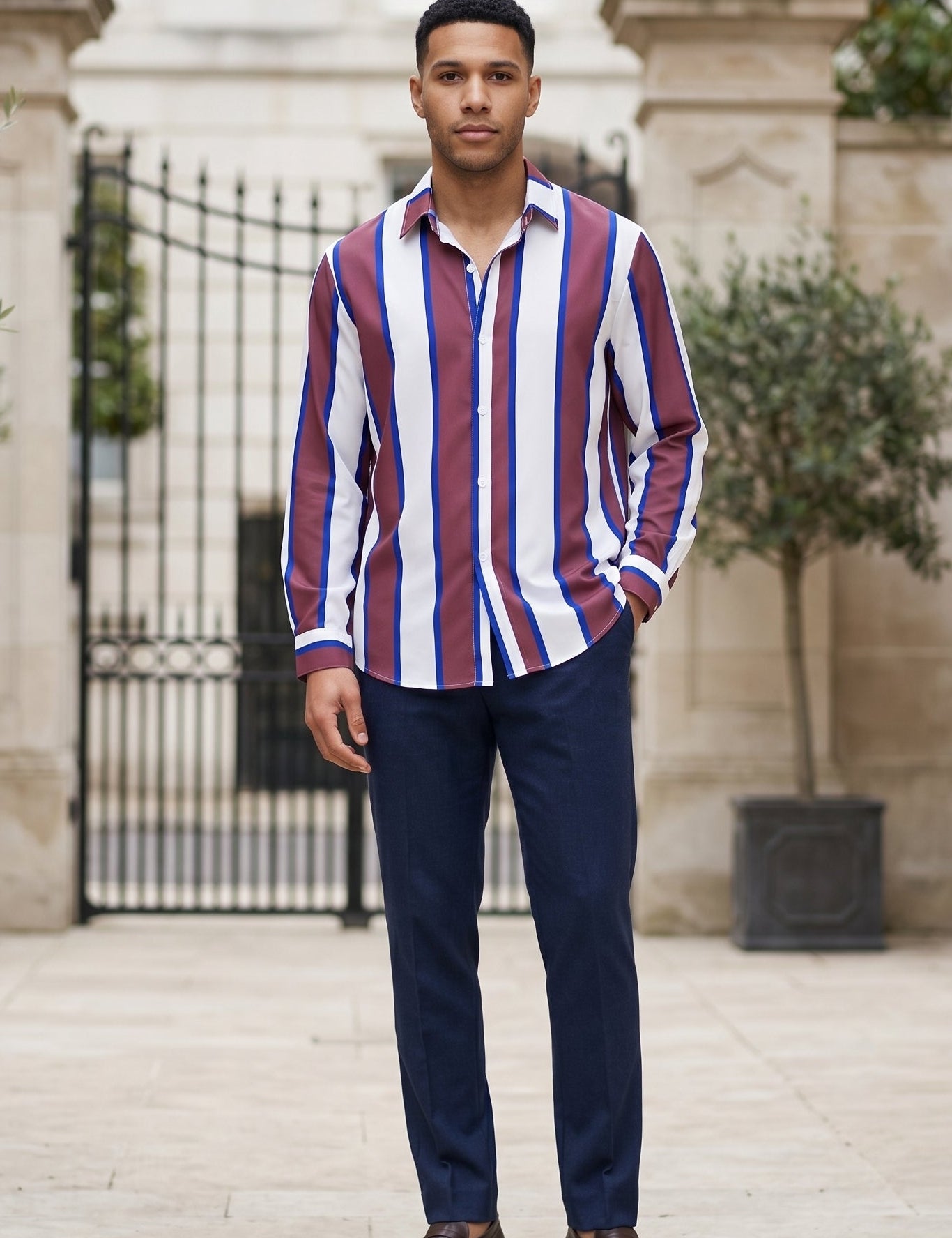 Full outfit - Burgundy white and blue striped men’s button-up shirt