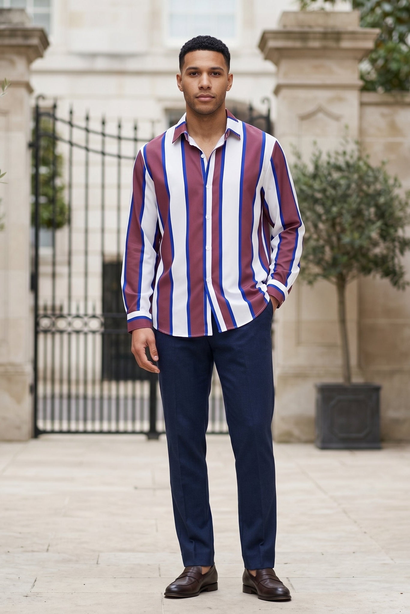 Full outfit - Burgundy white and blue striped men’s button-up shirt