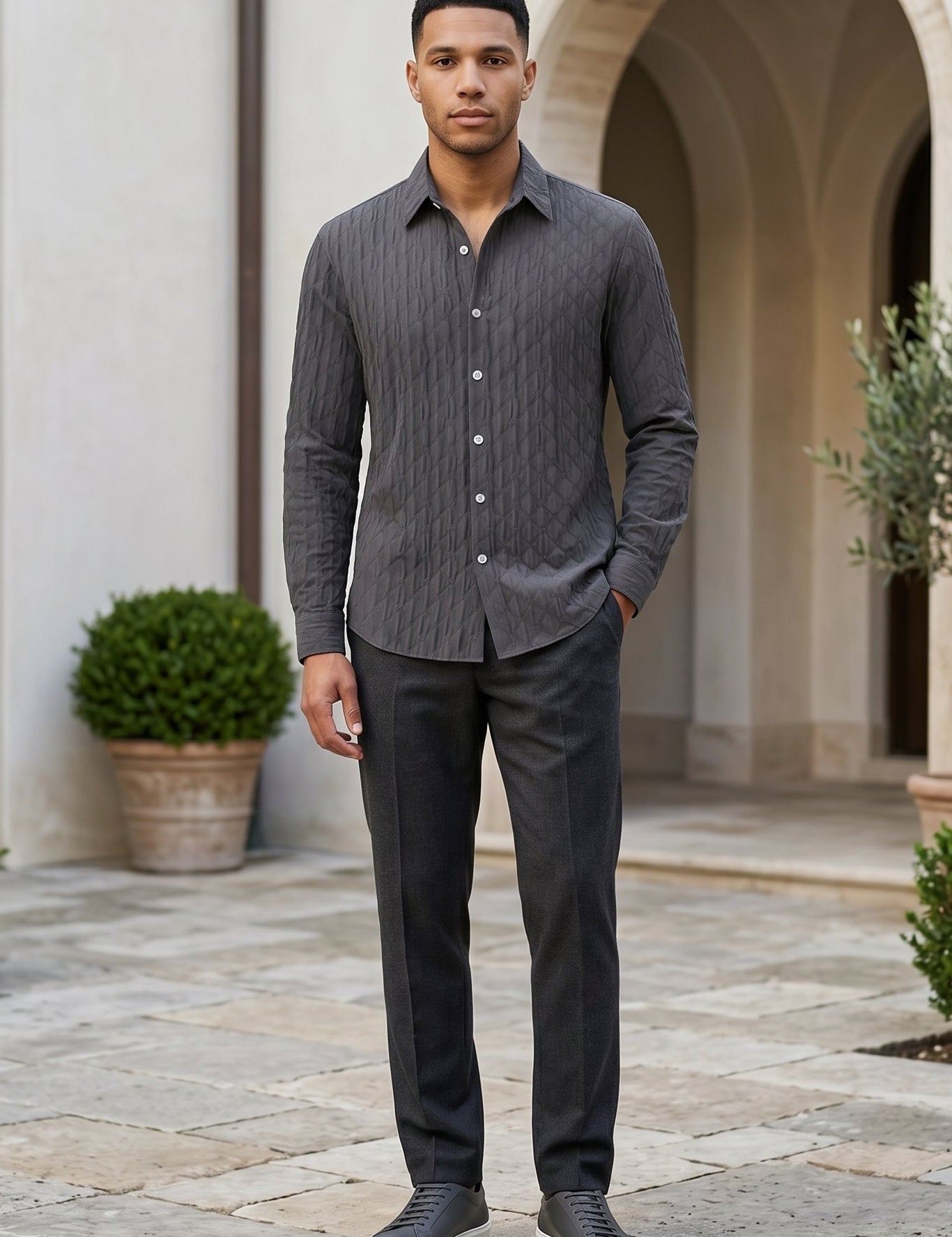 Full outfit - Charcoal grey men’s embossed collared long sleeve shirt