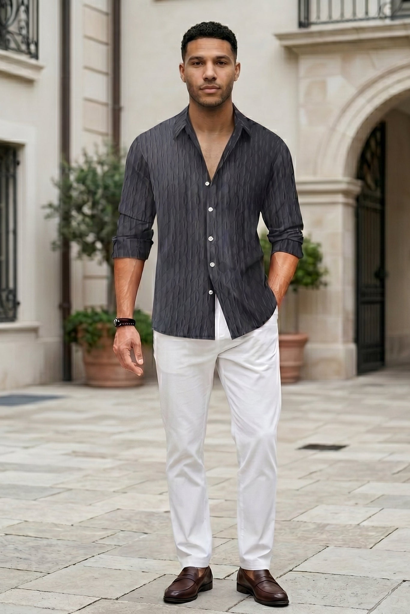 Full outfit - Charcoal grey men’s embossed collared long sleeve shirt