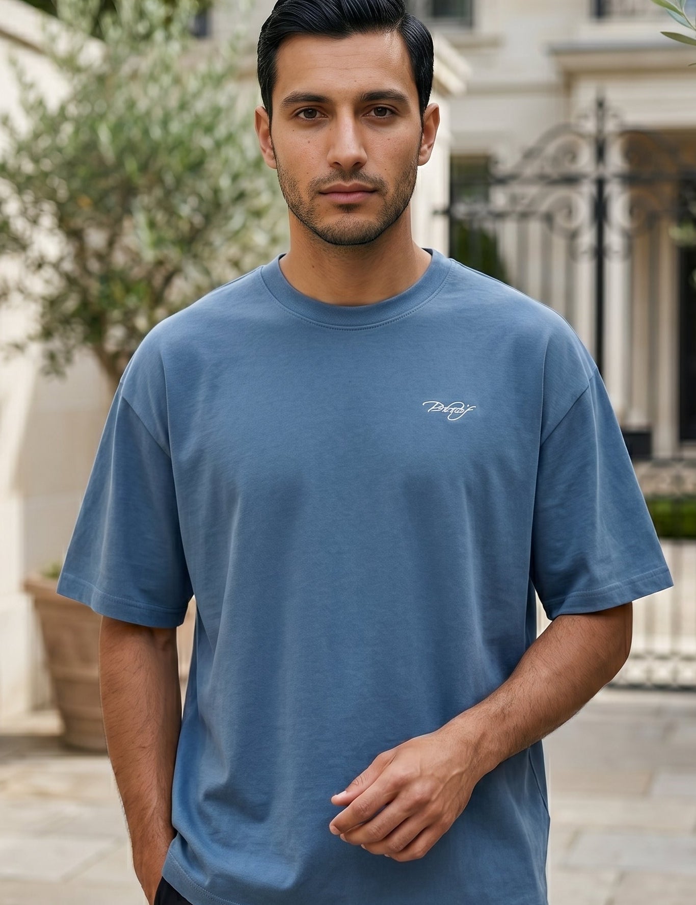 Full outfit - Dusty blue men’s relaxed cotton short sleeve T-shirt