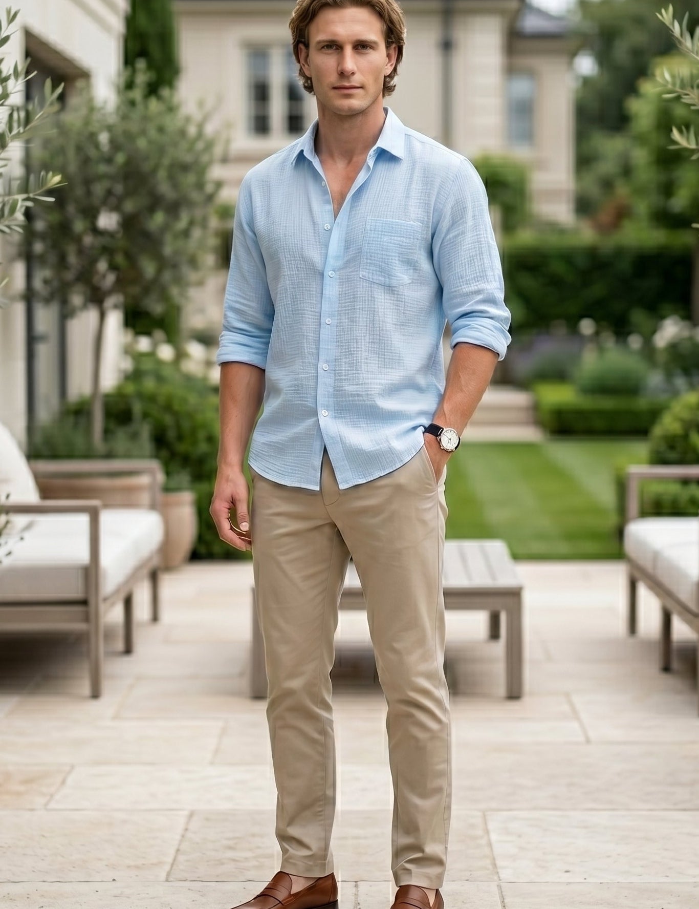 Full outfit - Light blue men’s lightweight collared summer shirt