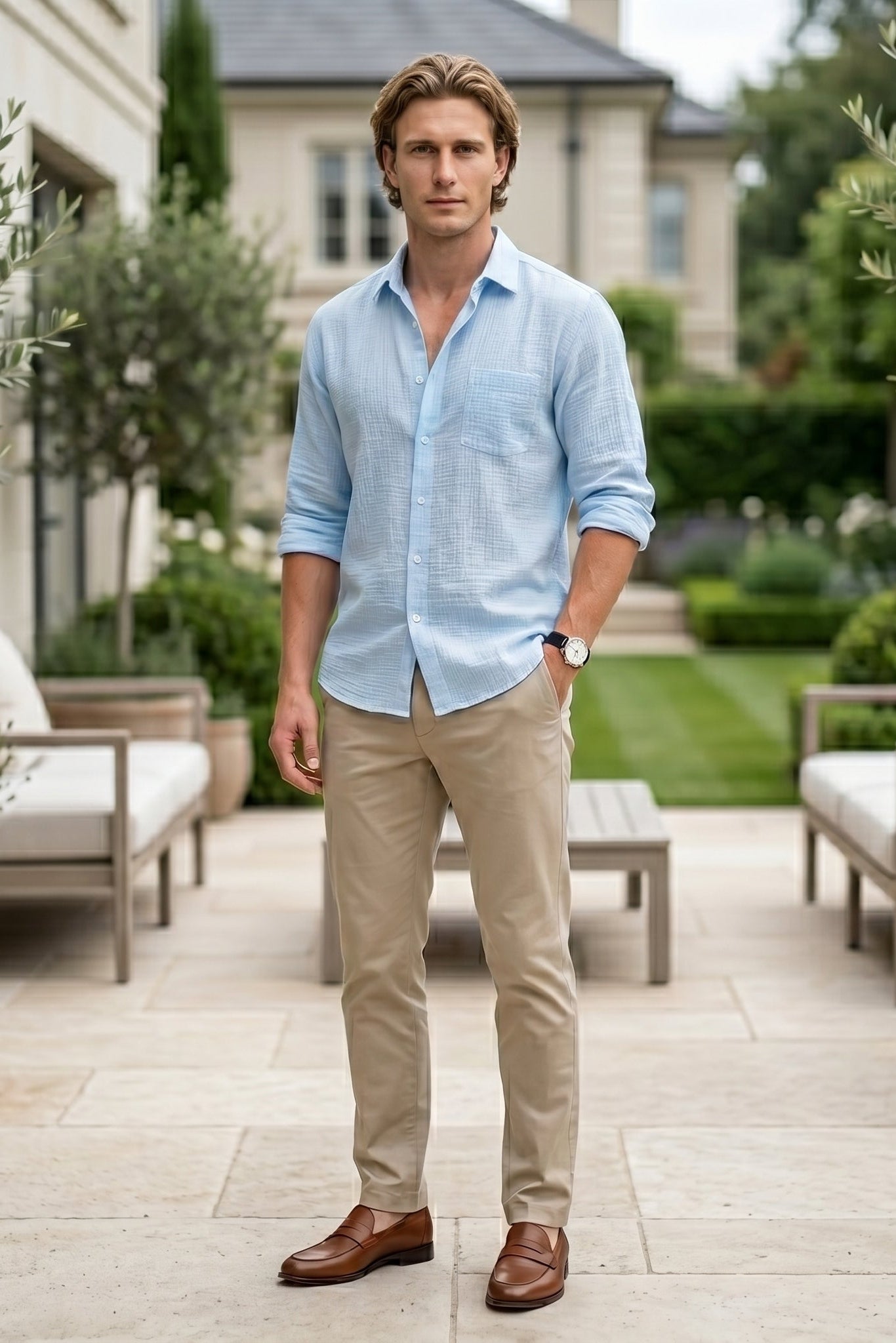 Full outfit - Light blue men’s lightweight collared summer shirt