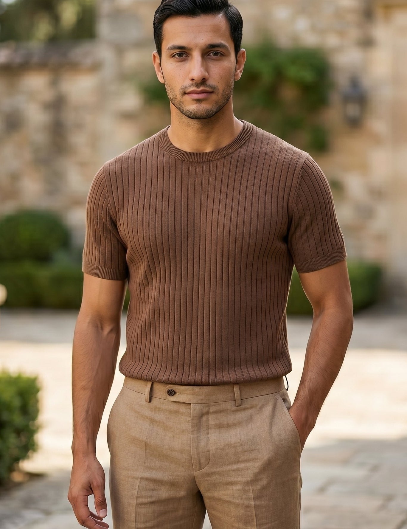 Full outfit - Mocha brown men’s ribbed crew neck summer T-shirt