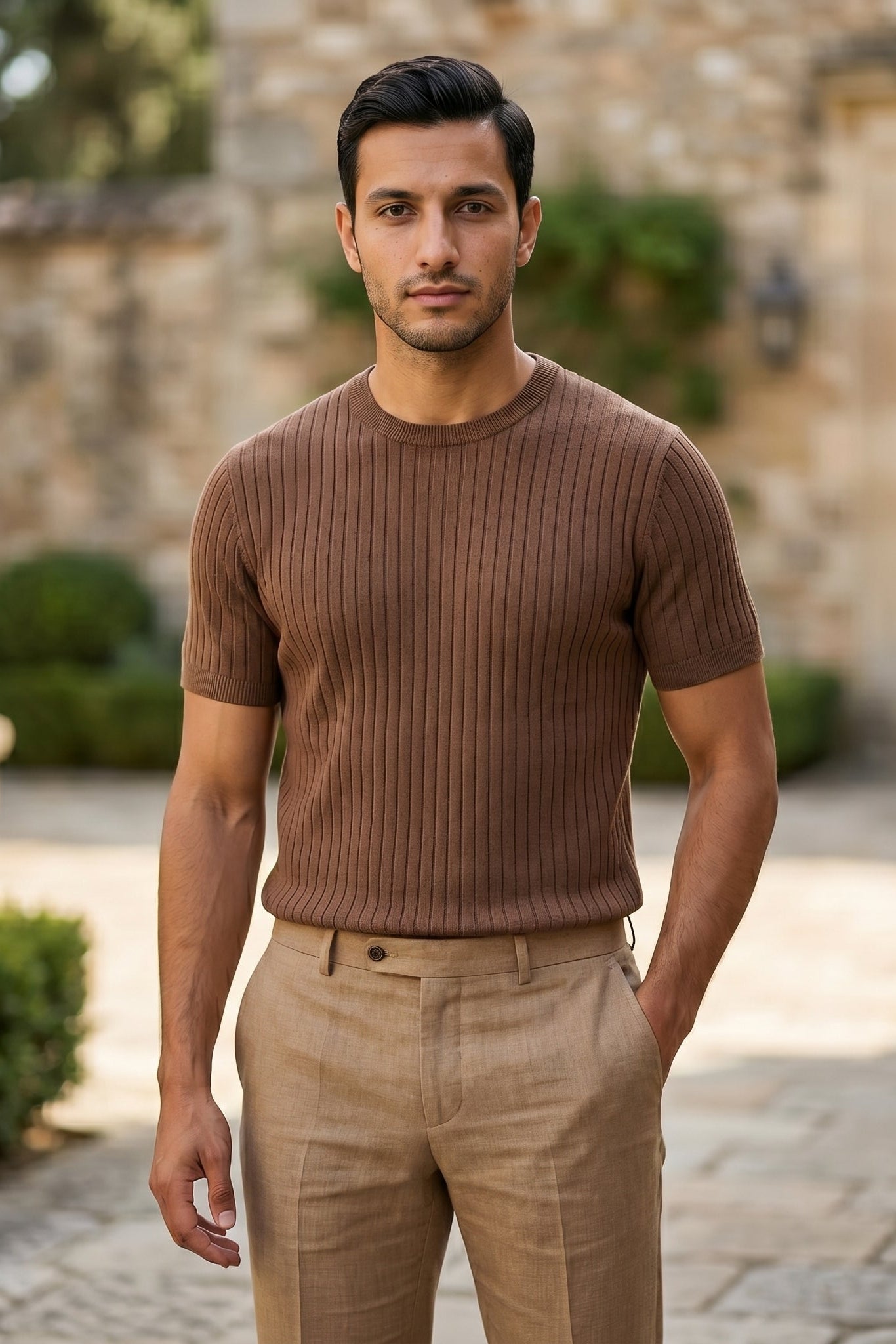 Full outfit - Mocha brown men’s ribbed crew neck summer T-shirt