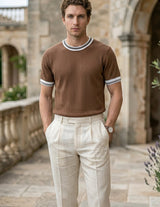 Full outfit - Mocha brown men’s ribbed summer T-shirt with contrast trim