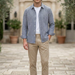 Full outfit - Navy and white striped men’s cotton-blend button-up shirt