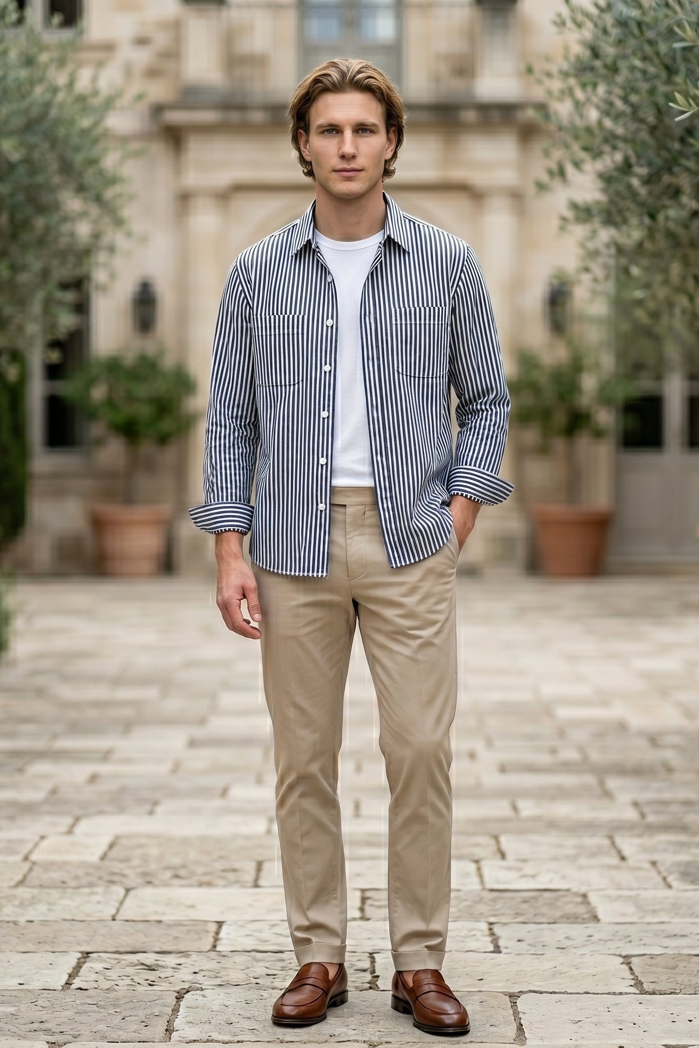 Full outfit - Navy and white striped men’s cotton-blend button-up shirt