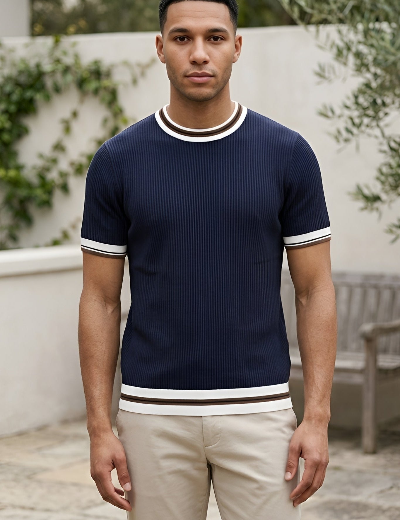 Full outfit - Navy blue men’s ribbed knit T-shirt with white and brown trim

